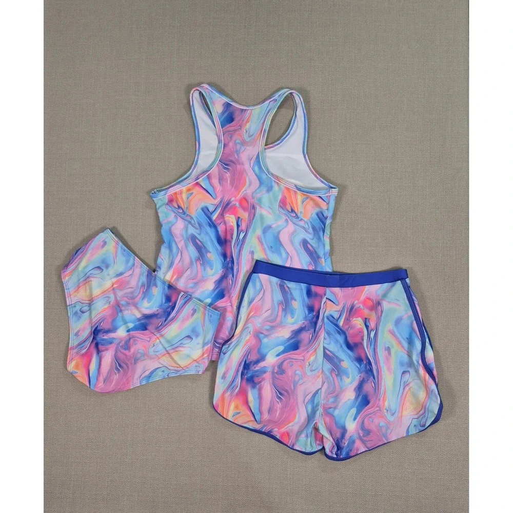 Generic Girl 3-Piece Tankini Swimsuit Set Marble Swirl Pink Blue Purple Size 15Y